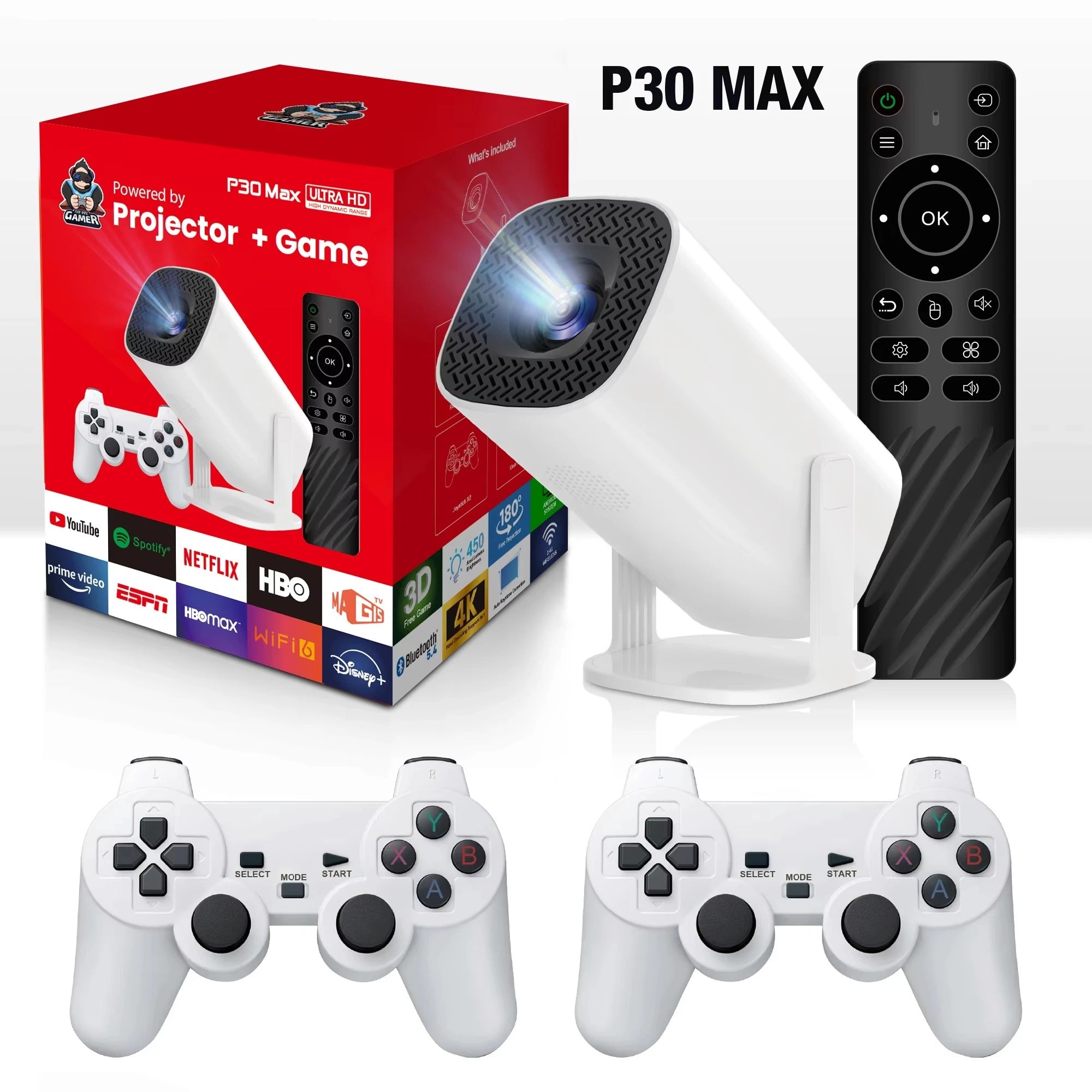 3D-Spielprojektor P30MAX Retro-Videospielkonsole Wireless Controller 4K ULTRA HD Plug-and-Play Android11 BT5.0 720P Heimkino