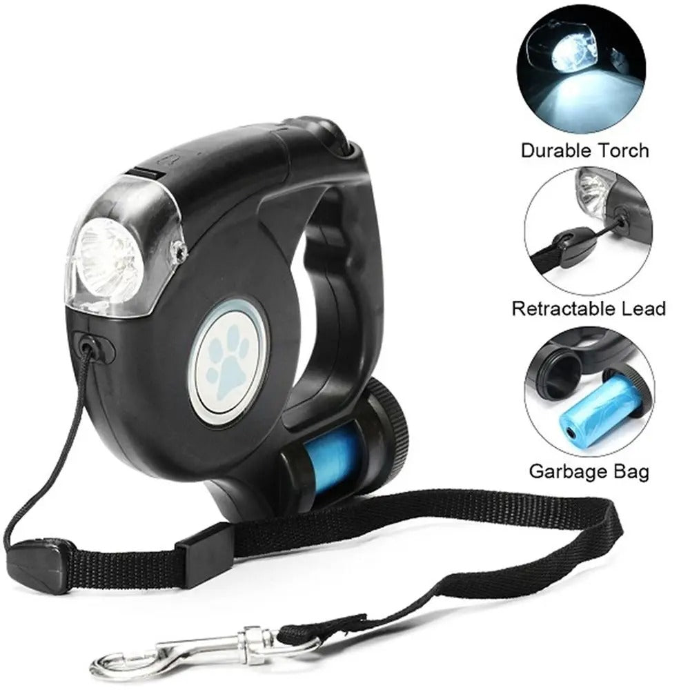 Automatisch einziehbare Hundeleine mit LED-Licht und Kotbeutel