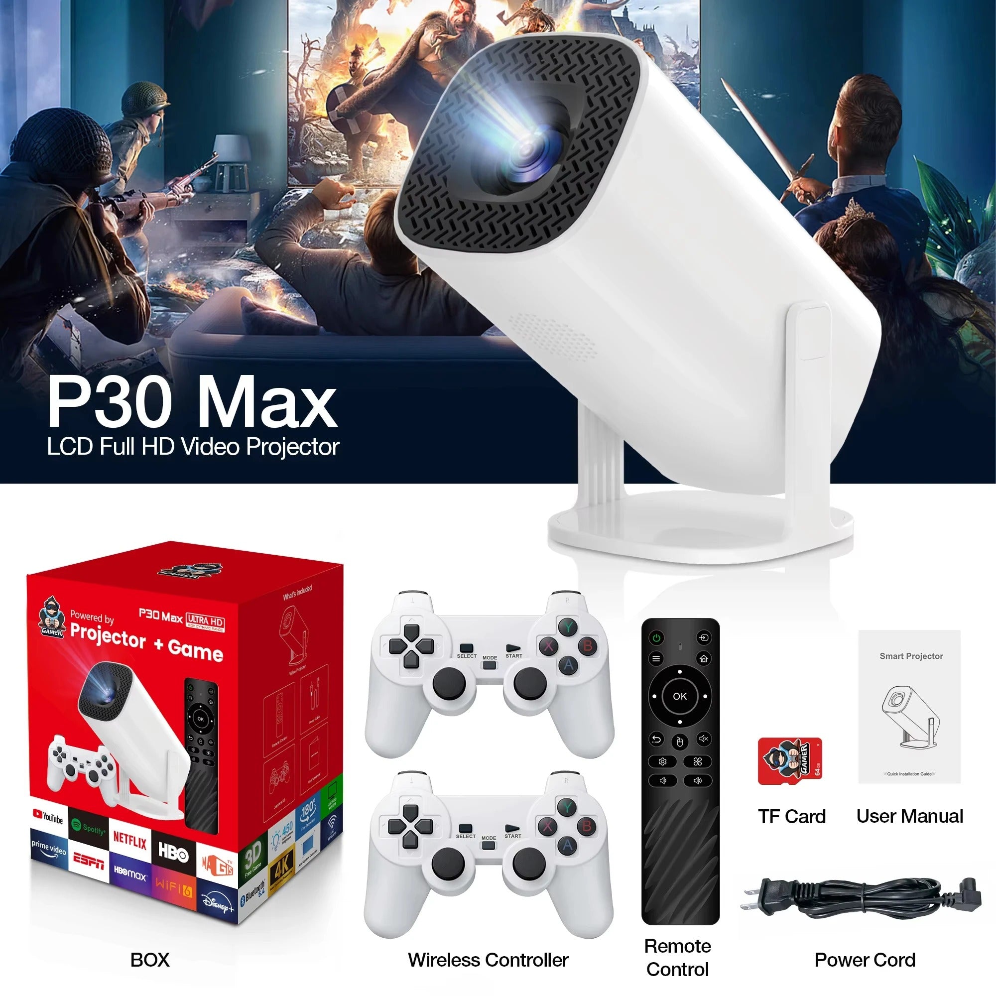 3D-Spielprojektor P30MAX Retro-Videospielkonsole Wireless Controller 4K ULTRA HD Plug-and-Play Android11 BT5.0 720P Heimkino